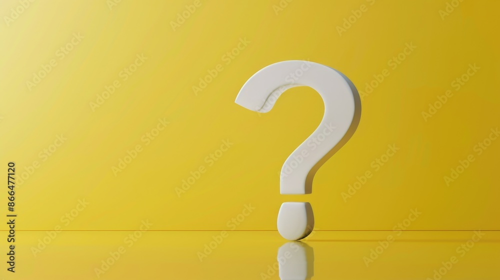 White question mark on a yellow background. 3D render of the volumetric sign of the wall and floor with reflection. White question mark on a yellow background. 3D render of the volumetric sign of the wall and floor with reflection.