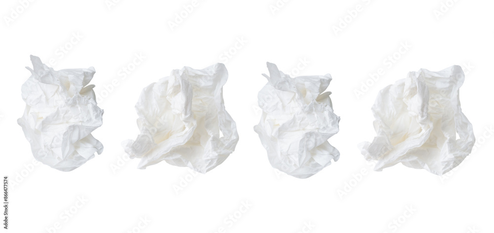 Top view set of crumpled or screwed tissue paper balls isolated on white background with clipping path Top view set of crumpled or screwed tissue paper balls isolated on white background with clipping path
