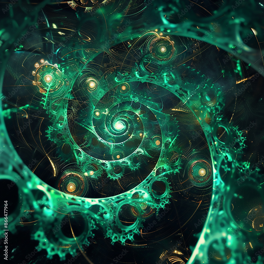A labyrinth of glowing spirals encases emerald fractal gears within abstract clockwork.