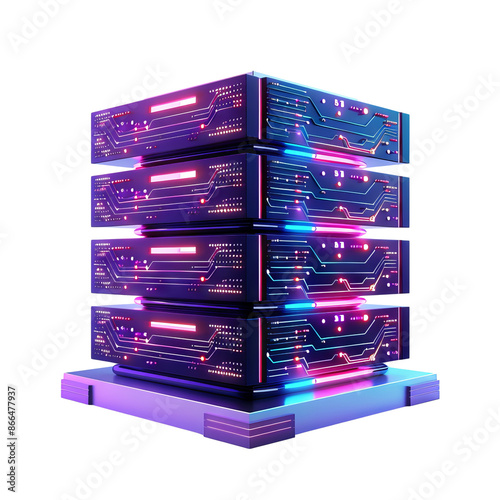 Futuristic server stack with glowing lights, representing advanced technology, data storage, and network infrastructure. photo