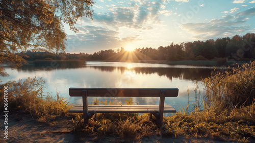 Old bench with a view on a lake at sunset photo
