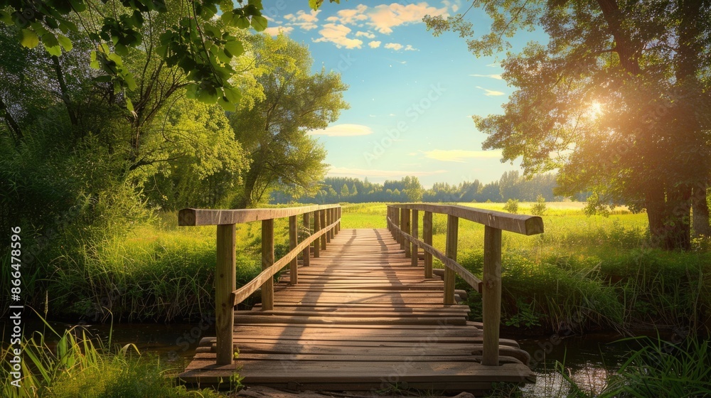 Wooden bridge over a creek and peaceful countryside. Wooden bridge over a creek and peaceful countryside.