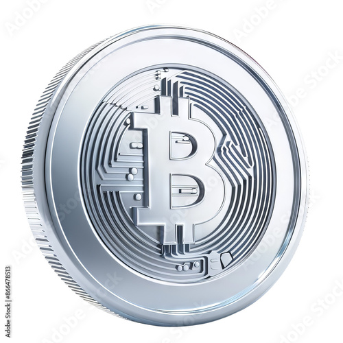 Shiny silver Bitcoin digital currency coin. Cryptocurrency concept with blockchain and crypto investment themes. photo