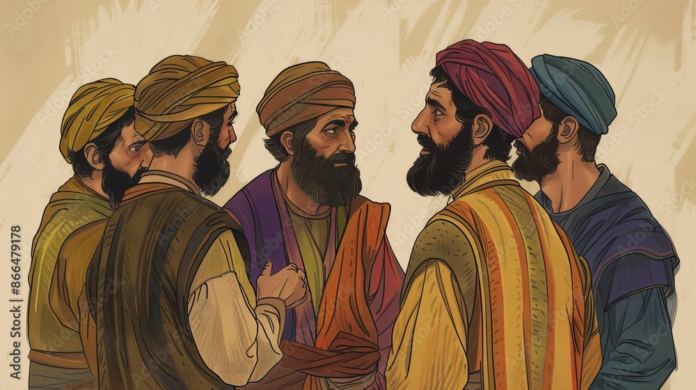 Naklejka premium Genesis,Joseph's Brothers Return to Egypt,Vibrant and Powerful Illustration of Joseph's Forgiveness, Highlighting Family and Divine Plan,Christian banner