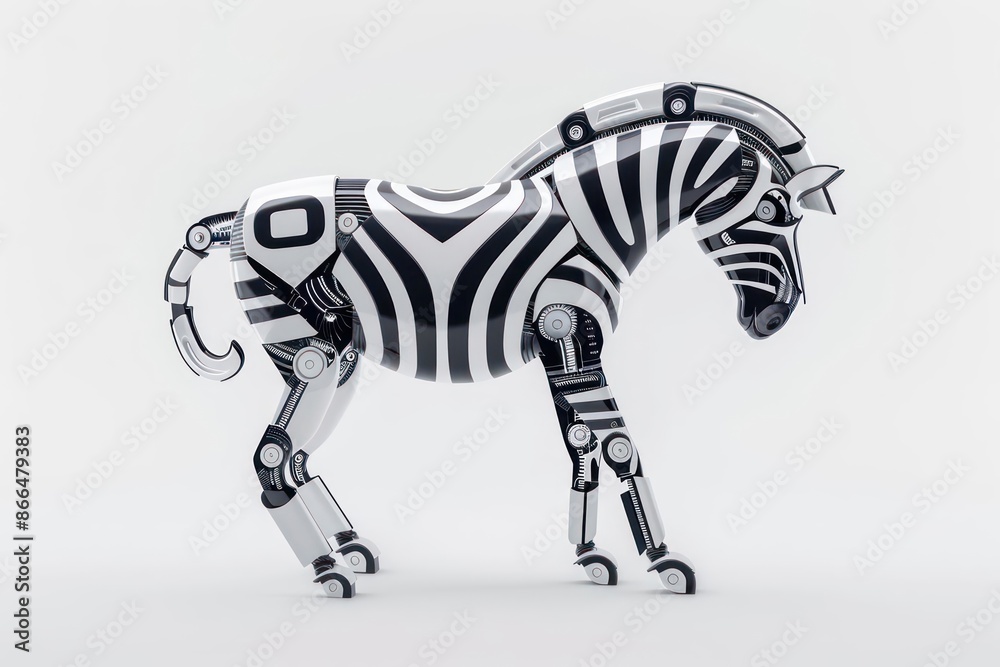 A conceptual image of a cyber zebra with digital stripes and robotic hooves, isolated on a clean white background A conceptual image of a cyber zebra with digital stripes and robotic hooves, isolated on a clean white background
