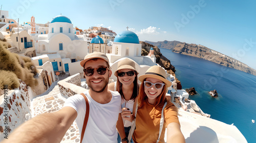 Santorini selfie: Tourists enjoying Greek island view