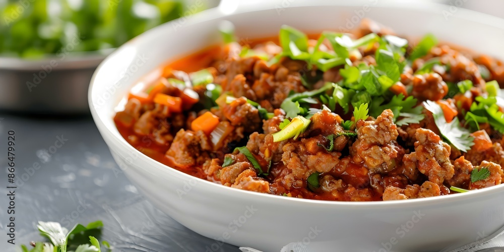 Savory Mexican Picadillo Served in a White Bowl. Concept Mexican Cuisine, Savory Dish, Picadillo Recipe, White Bowl Presentation Savory Mexican Picadillo Served in a White Bowl. Concept Mexican Cuisine, Savory Dish, Picadillo Recipe, White Bowl Presentation