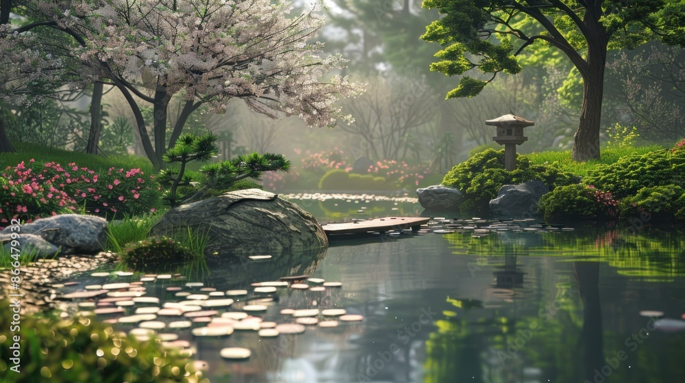 Serene Japanese Garden with Cherry Blossoms, Pond and Stone Lantern Serene Japanese Garden with Cherry Blossoms, Pond and Stone Lantern