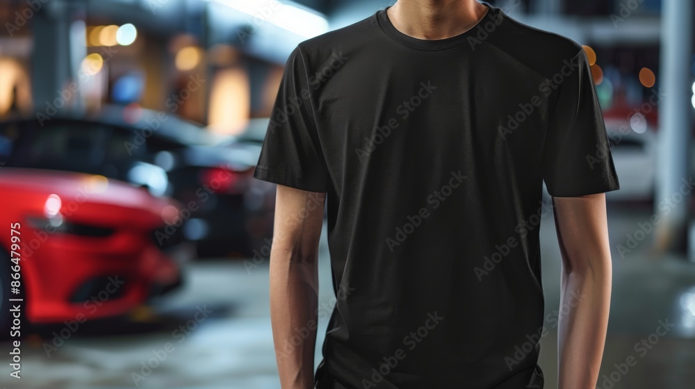 A man wearing a black t-shirt stands in a dimly lit urban environment A man wearing a black t-shirt stands in a dimly lit urban environment