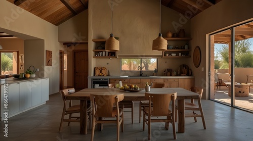 Modern adobe house interior with a kitchen and a dining area.generative.ai