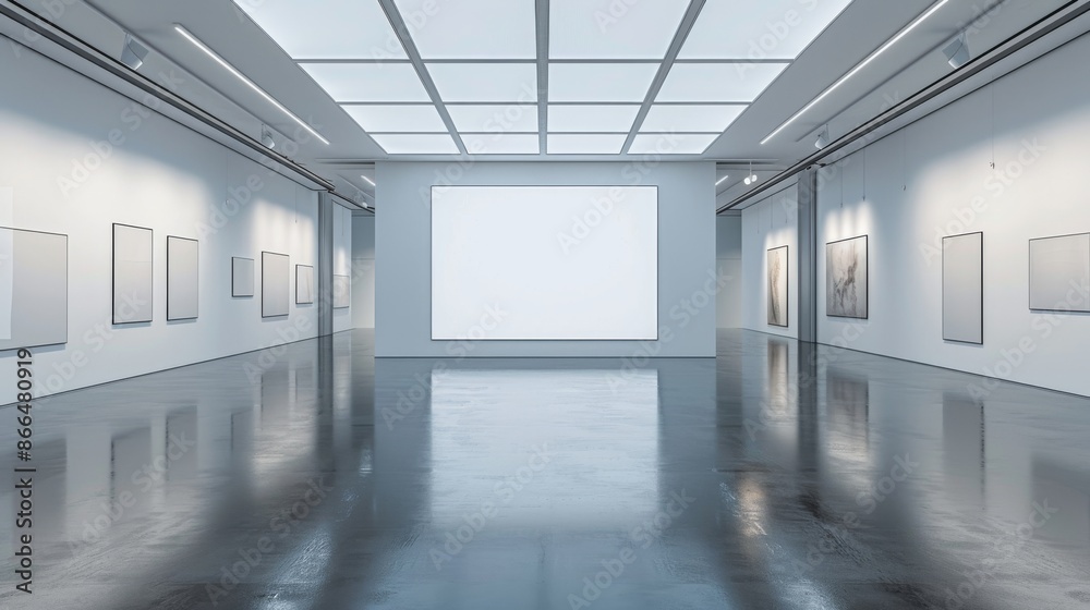 Fototapeta premium Empty gallery with a large blank wall for exhibition or presentation. White walls, shiny floor, and modern interior. Perfect for art, photography, and museum displays.