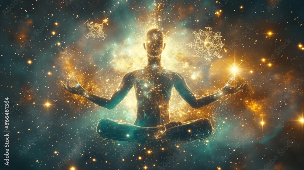 Enlightened Figure Meditating in a Radiant Cosmic Nebula Enlightened Figure Meditating in a Radiant Cosmic Nebula