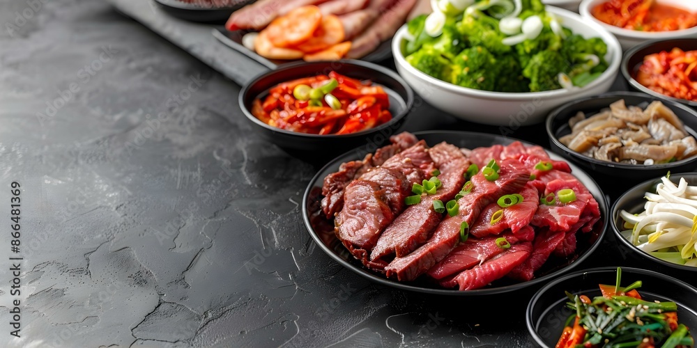 Savor the Deliciousness of Korean BBQ with Beef Bulgogi and Assorted Side Dishes. Concept Korean BBQ, Beef Bulgogi, Side Dishes, Deliciousness, Savor Savor the Deliciousness of Korean BBQ with Beef Bulgogi and Assorted Side Dishes. Concept Korean BBQ, Beef Bulgogi, Side Dishes, Deliciousness, Savor