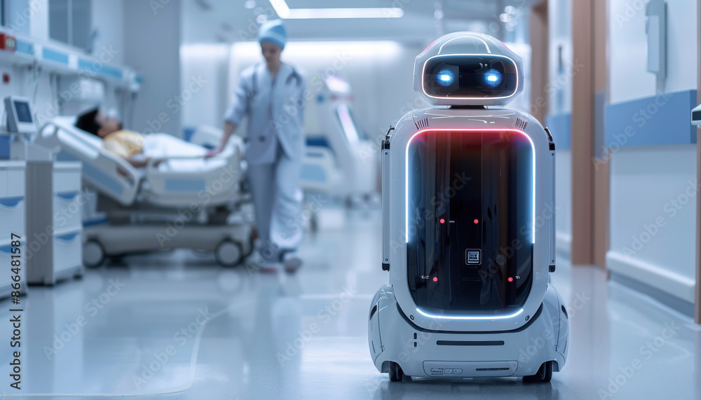 A robot is in a hospital room with a person lying on a bed A robot is in a hospital room with a person lying on a bed