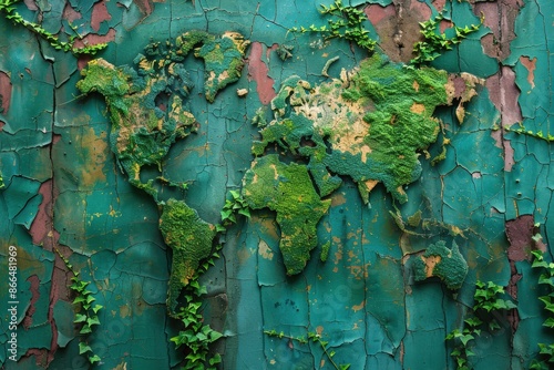 Artistic representation of a world map adorned with greenery on a weathered background. This piece combines natural elements with cartographic visuals for a unique style.