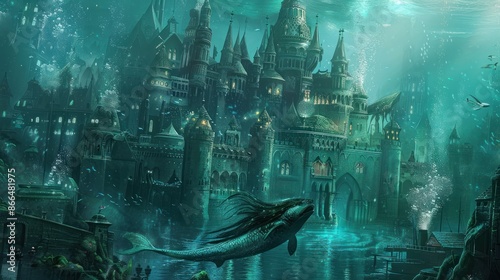 Mermaid swimming towards a majestic underwater castle. Fantasy art, fairytale, myth, and legend concept. photo