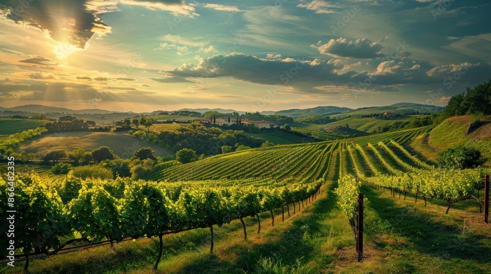 Scenic view of a vineyard at sunset with rolling hills and cloudy sky. Idyllic landscape of grapes for wine production. Scenic view of a vineyard at sunset with rolling hills and cloudy sky. Idyllic landscape of grapes for wine production.