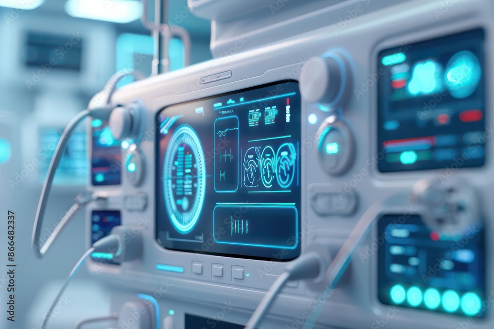 Fototapeta premium A detailed depiction of advanced medical equipment with holographic interfaces, isolated with room for text on a clean background