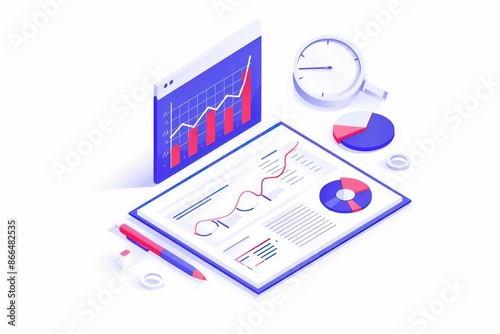 A detailed depiction of market research activities with survey forms and data analytics, isolated with room for text on a clean backdrop