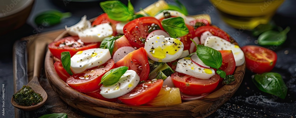 Fresh Caprese salad with mozzarella, tomatoes, and basil leaves, drizzled with olive oil and sprinkled with pepper, served on a wooden plate. Fresh Caprese salad with mozzarella, tomatoes, and basil leaves, drizzled with olive oil and sprinkled with pepper, served on a wooden plate.
