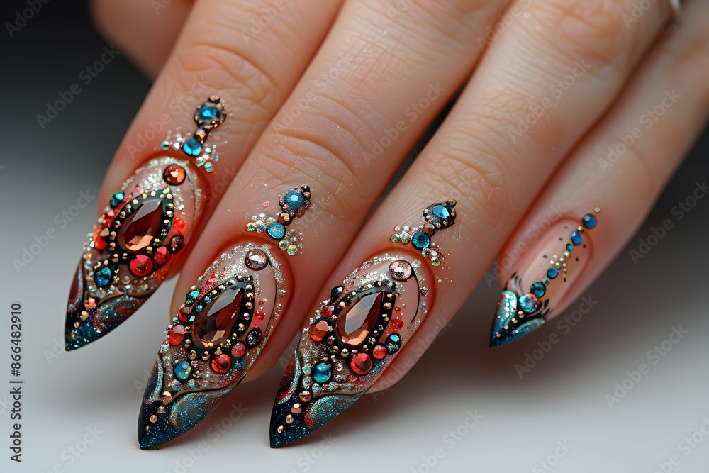 Elegant nail art with intricate designs.