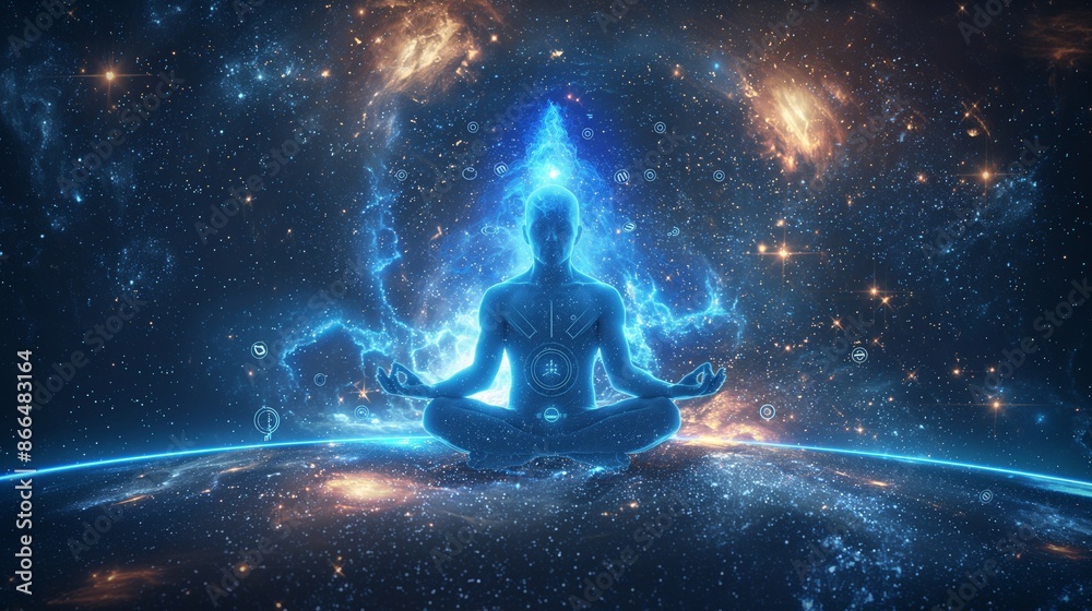 Enlightened Figure Meditating on a Cosmic Plane with Radiant Blue Energy Enlightened Figure Meditating on a Cosmic Plane with Radiant Blue Energy