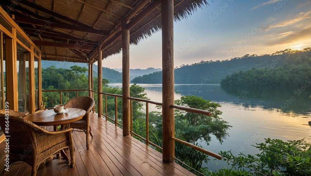 A cozy ecolodge balcony with wicker furniture and a breathtaking view of the lake at sunset A cozy ecolodge balcony with wicker furniture and a breathtaking view of the lake at sunset
