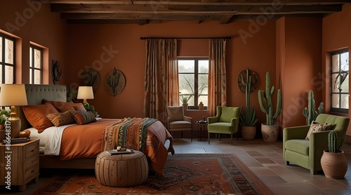 Southwesterninspired bedroom Elegance with Spanish tex.generative.ai photo