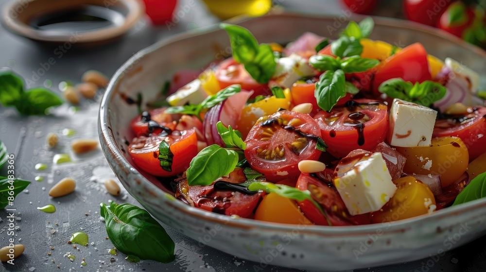 Fresh tomato salad with basil, feta cheese, and pine nuts in a rustic bowl, garnished with balsamic drizzle. Fresh tomato salad with basil, feta cheese, and pine nuts in a rustic bowl, garnished with balsamic drizzle.