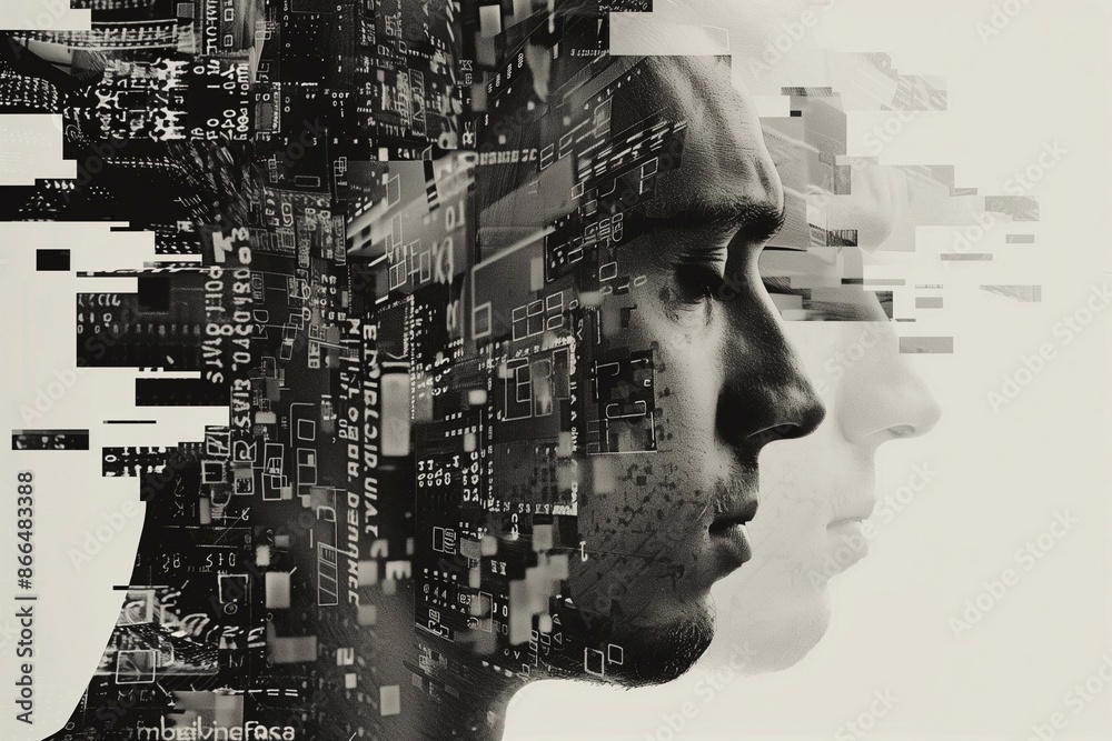 A digital black and white collage of computer screens and code, forming the shape of an abstract human head with many parts in white background in the hyper-realistic style. screen print poster. A digital black and white collage of computer screens and code, forming the shape of an abstract human head with many parts in white background in the hyper-realistic style. screen print poster.