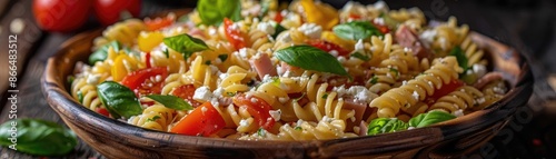 Delicious pasta salad with colorful vegetables, fresh basil leaves, and a light dressing in a rustic wooden bowl on a wooden table.