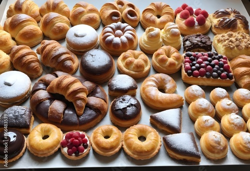 Delicious variety of fresh pastries in a bakery shop, chocolate, cream, jelly, butter, nuts, empty, berries, jam, confiture, coffe, ones, italian pastries