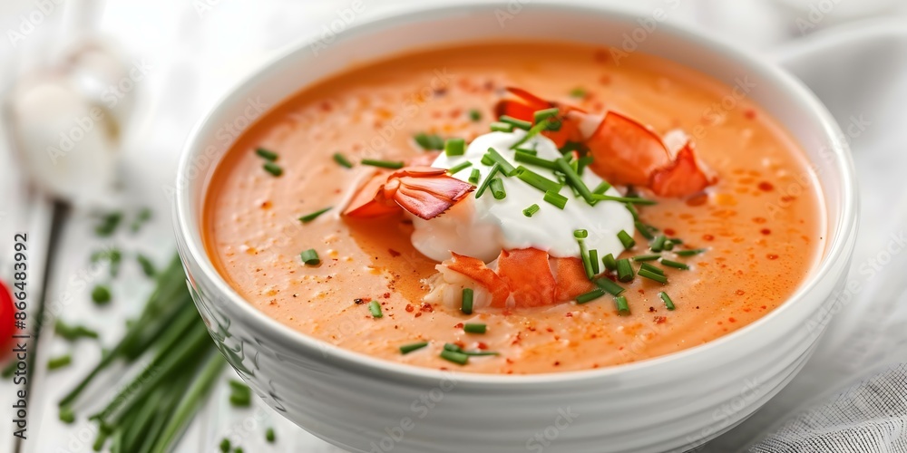 Enhancing Lobster Bisque with Sour Cream and Chives Garnish. Concept