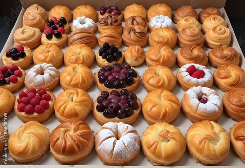 Delicious variety of fresh pastries in a bakery shop, chocolate, cream, jelly, butter, nuts, empty, berries, jam, confiture, coffe, ones, italian pastries © Lied