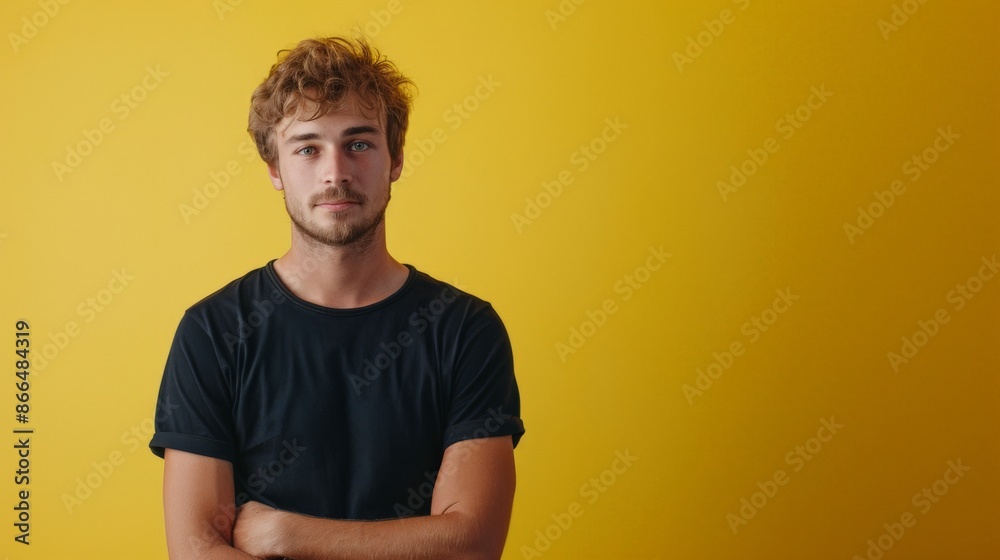 A man in a black t-shirt with arms crossed stands in front of a vibrant yellow wall A man in a black t-shirt with arms crossed stands in front of a vibrant yellow wall