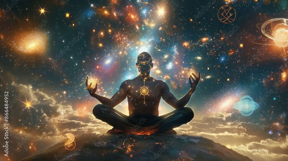 Meditating Male Figure with Cosmic Background and Glowing Energy Orbs