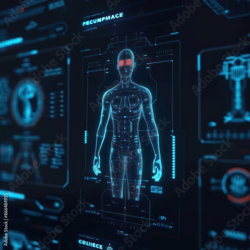 A futuristic depiction of training regimens with virtual coaches and holographic feedback, perfect for a fitness banner with ample copy space photo
