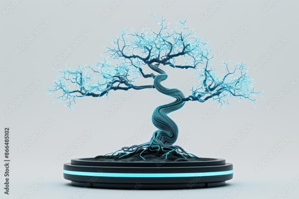 A futuristic depiction of a bonsai tree with glowing, cybernetic branches, isolated on a white backdrop A futuristic depiction of a bonsai tree with glowing, cybernetic branches, isolated on a white backdrop