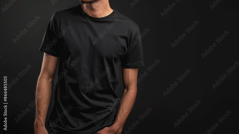A man in a black t-shirt, against a dark background, posing for a mockup A man in a black t-shirt, against a dark background, posing for a mockup