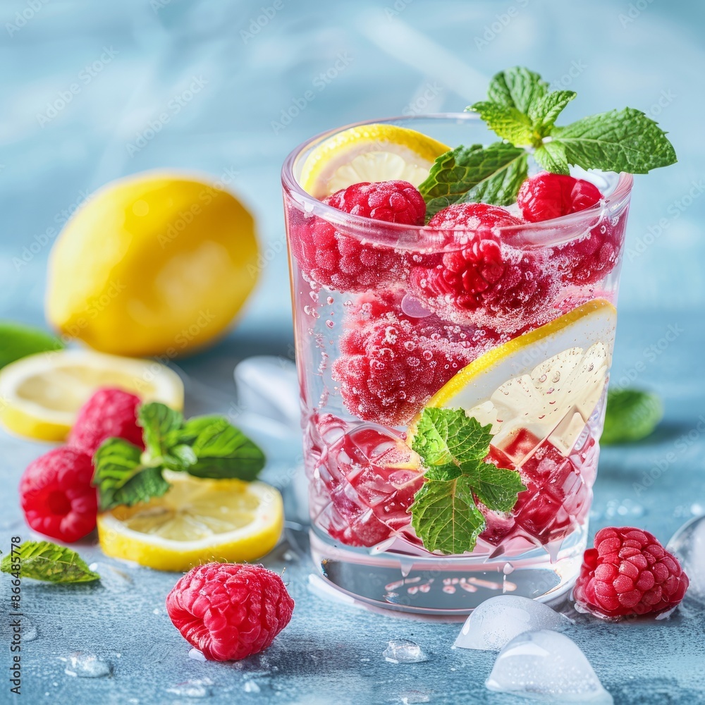 Summer beverage with raspberries, lemons, and mint on a blue background Summer beverage with raspberries, lemons, and mint on a blue background