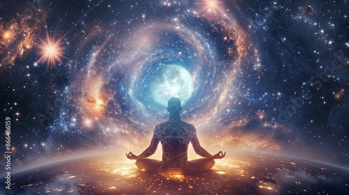 Meditating Male Figure with Cosmic Vortex and Starry Background