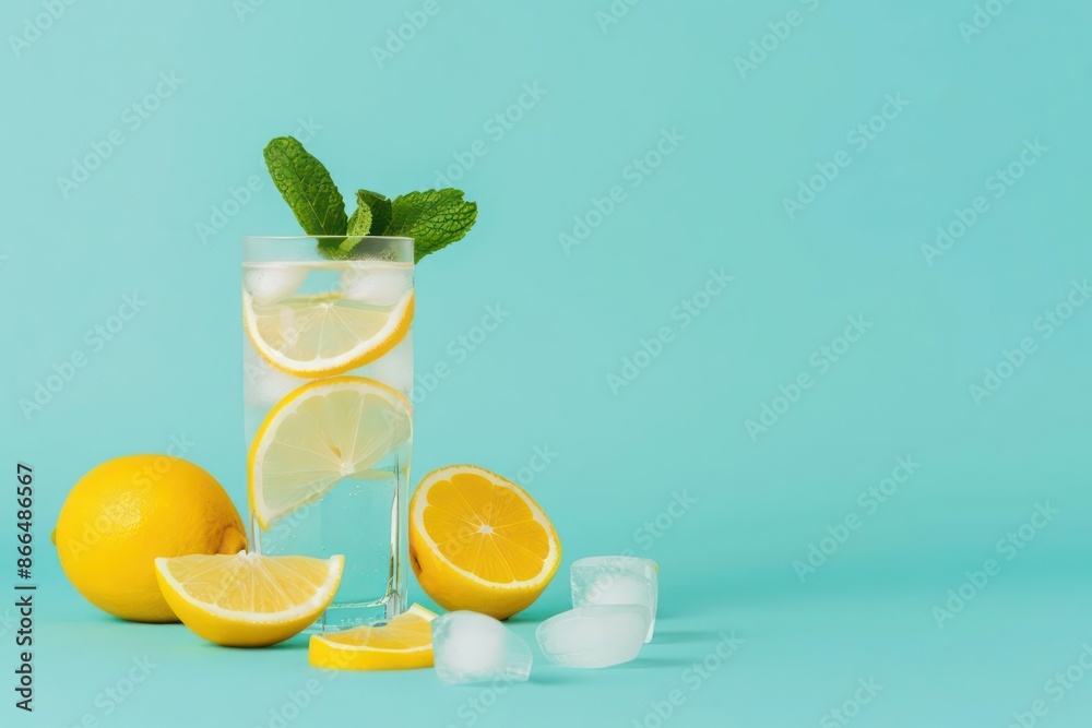 Fototapeta premium A refreshing lemonade stand with citrus slices and ice cubes, isolated with room for text on a clean background