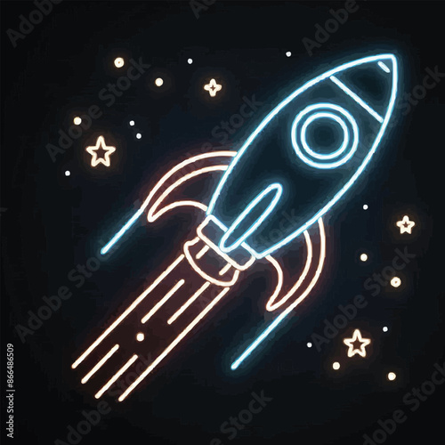 Free vector Neon light glow of Flying rocket ship. Continuous one line drawing of rocket space ship.