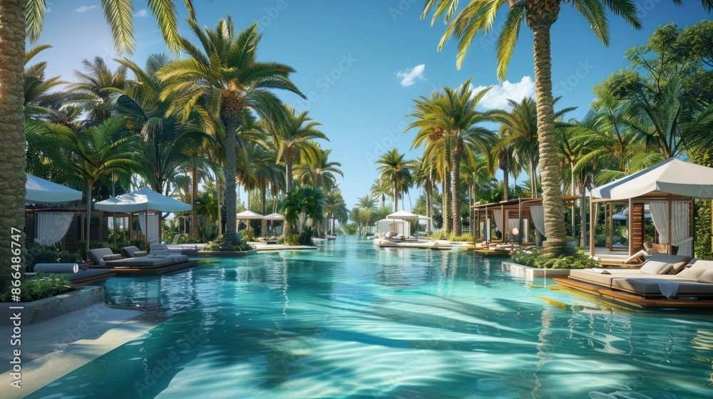 Luxurious tropical resort with palm trees and tranquil swimming pool. Perfect paradise getaway for vacation and relaxation. Luxurious tropical resort with palm trees and tranquil swimming pool. Perfect paradise getaway for vacation and relaxation.