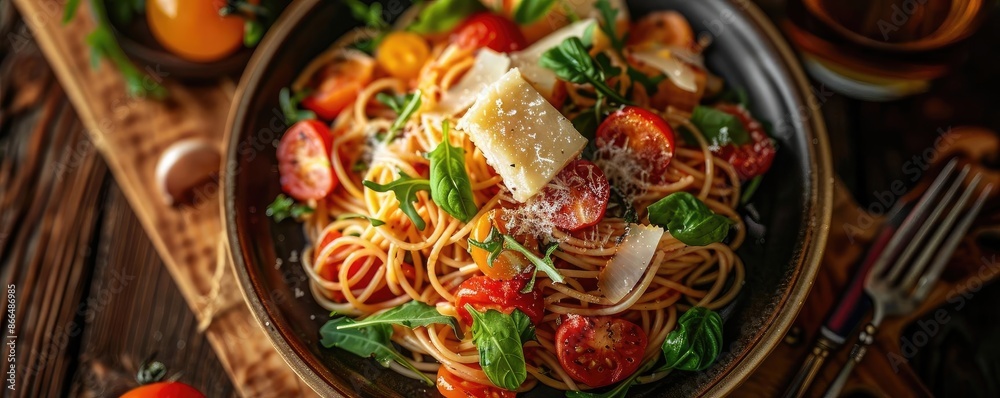Delicious plate of spaghetti pasta with fresh tomatoes, basil, and Parmesan cheese, perfect for a gourmet meal or Italian cuisine lovers. Delicious plate of spaghetti pasta with fresh tomatoes, basil, and Parmesan cheese, perfect for a gourmet meal or Italian cuisine lovers.