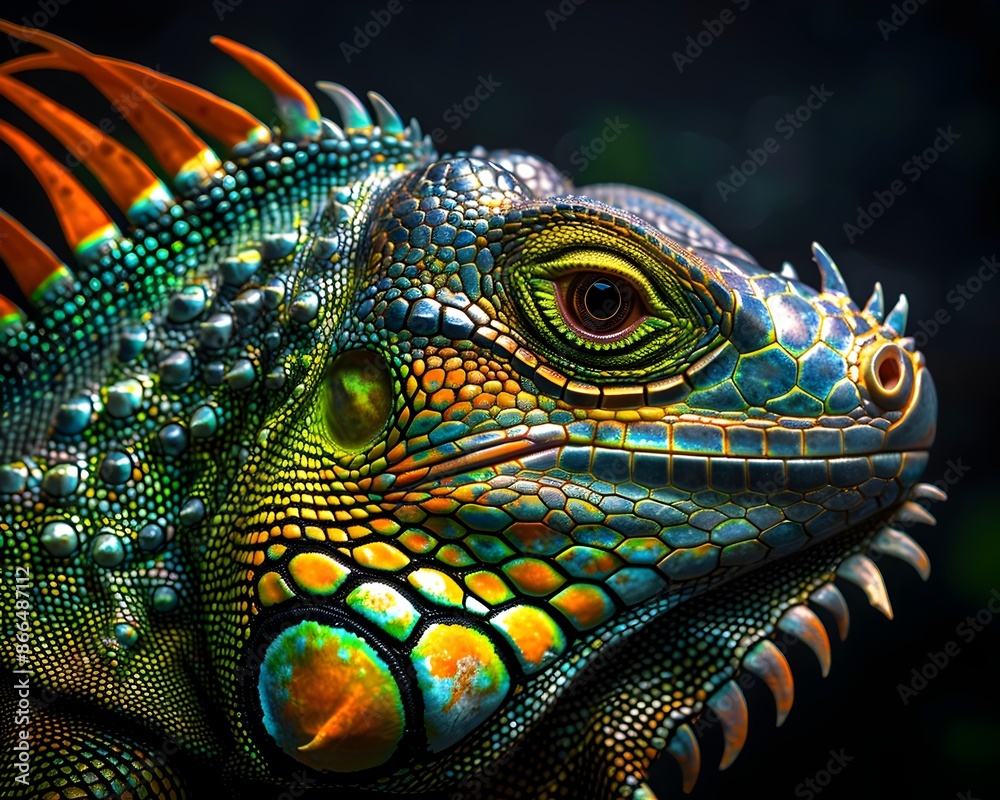Neon Iguana Exotic and Glowing Reptile on Dark Background with Copy Space Neon Iguana Exotic and Glowing Reptile on Dark Background with Copy Space