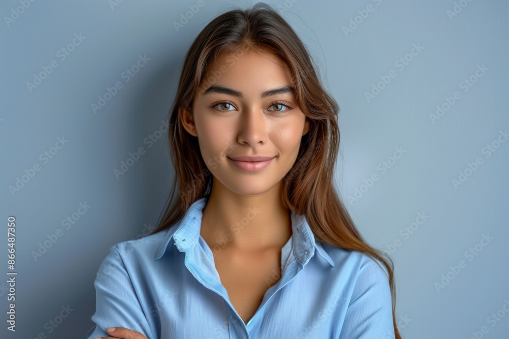 Confident Woman Standing Against Light Blue Wall, Wearing Light Blue Shirt with Long Hair, Smiling at Camera, Natural Makeup, Calm and Professional Portrait for Business-Related Use Confident Woman Standing Against Light Blue Wall, Wearing Light Blue Shirt with Long Hair, Smiling at Camera, Natural Makeup, Calm and Professional Portrait for Business-Related Use