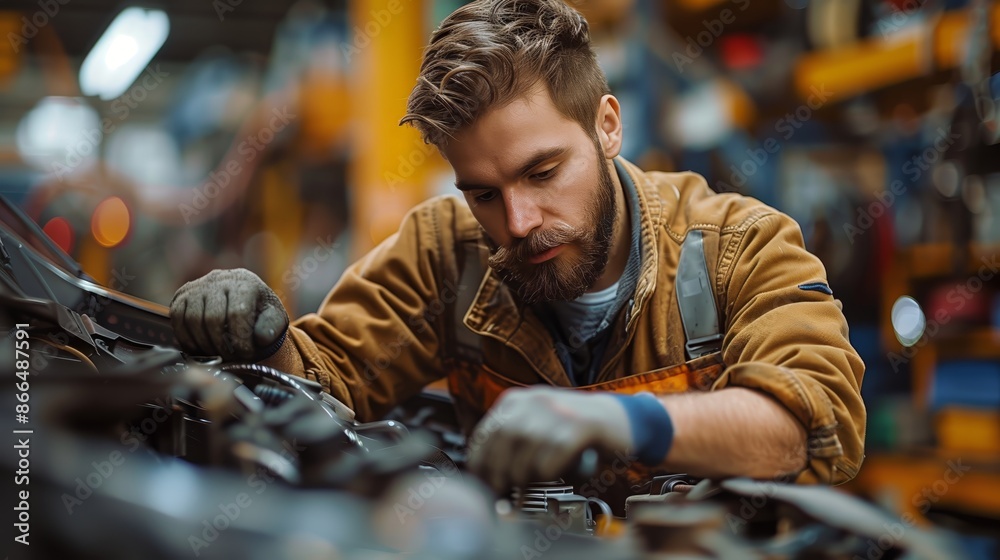 An auto mechanic wearing a work suit and gloves repairs a car engine in a car repair shop, demonstrating skilled manual labour An auto mechanic wearing a work suit and gloves repairs a car engine in a car repair shop, demonstrating skilled manual labour