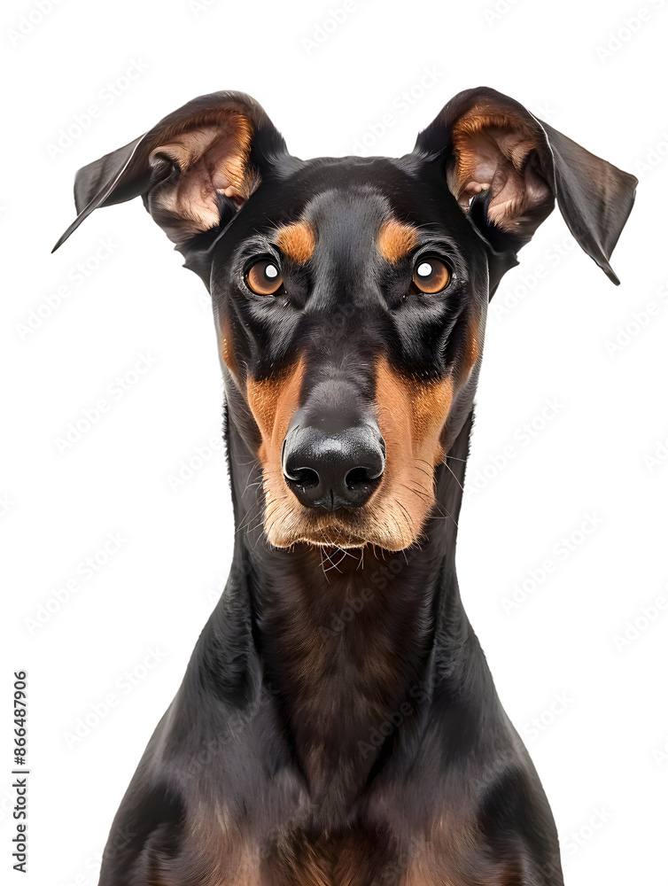 Closeup portrait of doberman sitting in front of camera isolated on transparent background Closeup portrait of doberman sitting in front of camera isolated on transparent background