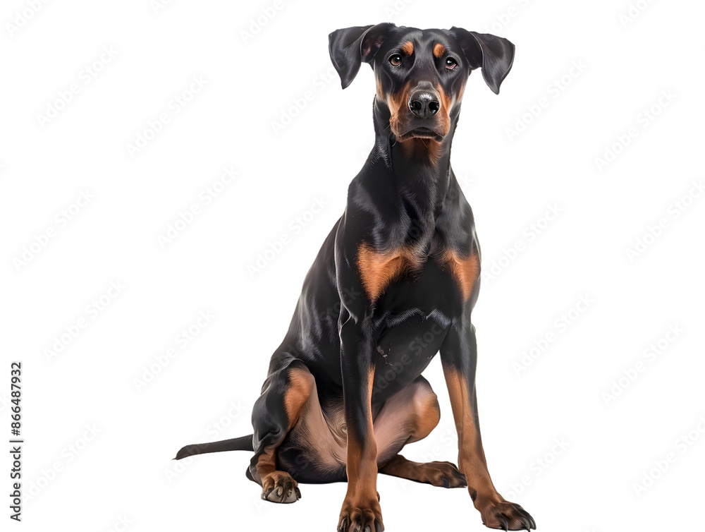 Closeup portrait of doberman sitting in front of camera isolated on transparent background Closeup portrait of doberman sitting in front of camera isolated on transparent background